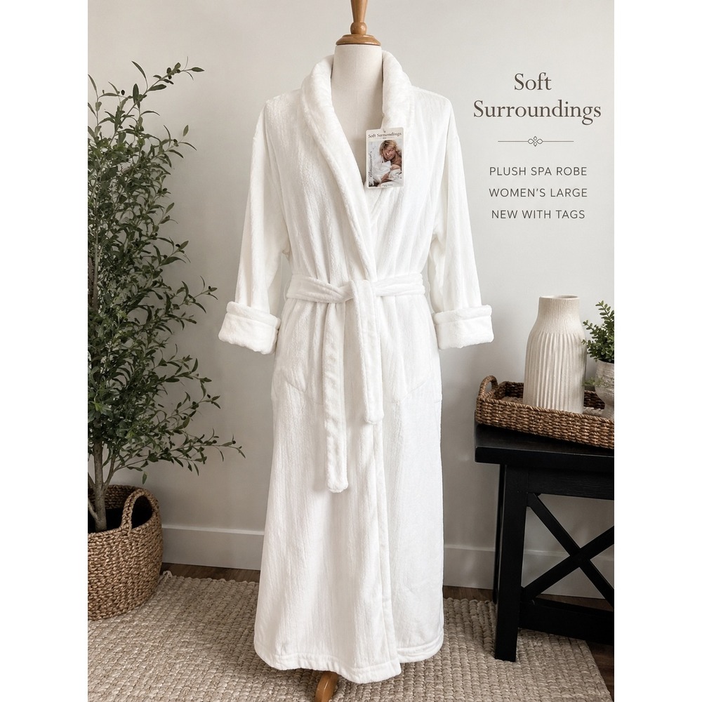 Soft Surroundings White Plush Ribbed Fleece Long Robe Shawl Collar Size L NEW